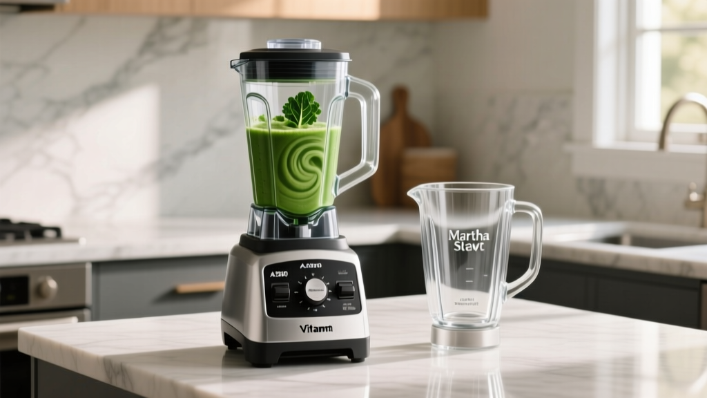 Vitamix A3500 blender with green kale smoothie beside a glass-pitcher Martha Stewart countertop blender on a modern kitchen counter.