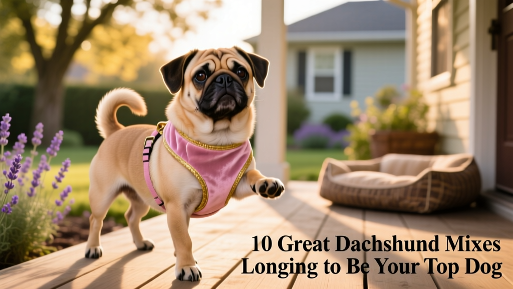 dachshund pug mix daug with pug face wearing a pink harness
