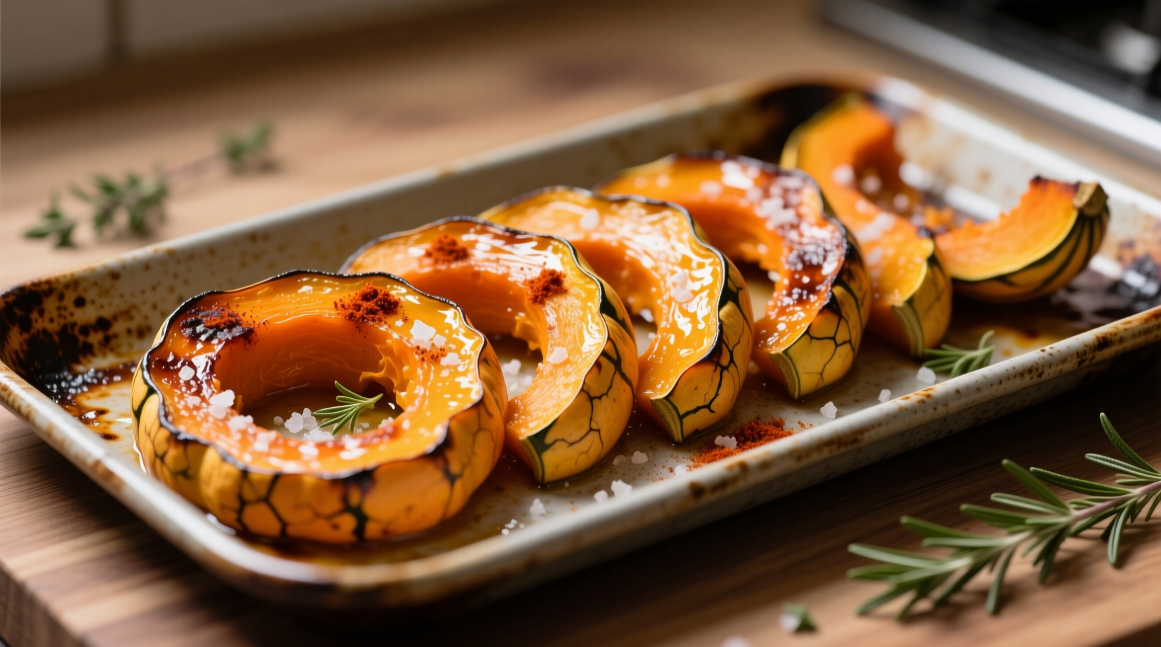 Perfectly roasted delicata squash slices on baking sheet