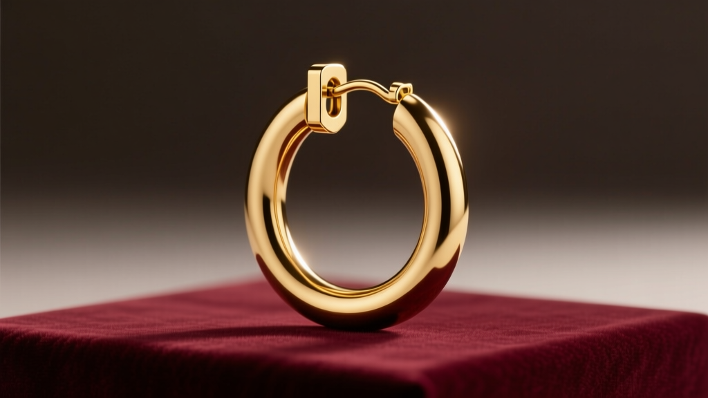 A 10-inch hollow 18k gold hoop earring on velvet, showing seamless tubing and a heavy saddle clasp under bright studio lights.