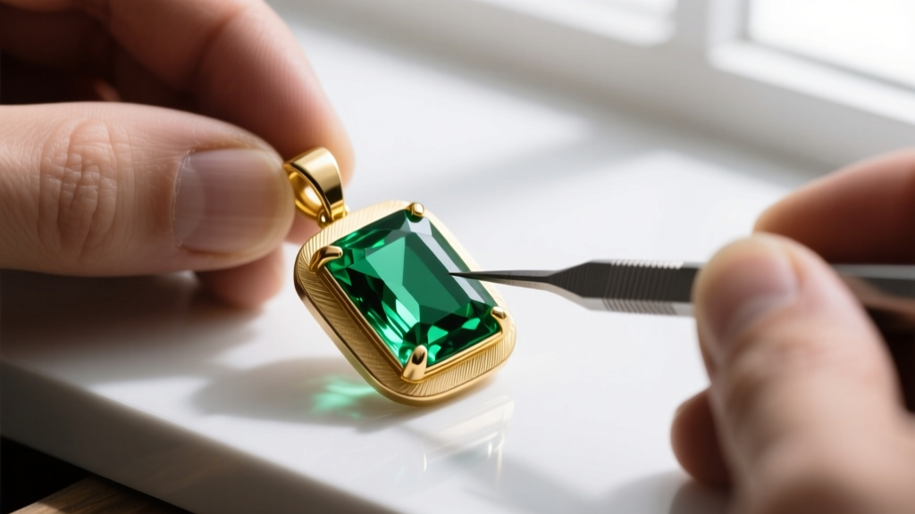 Jeweler setting an emerald cut crystal into a gold bezel pendant, focusing on the protective metal rim around vulnerable corners