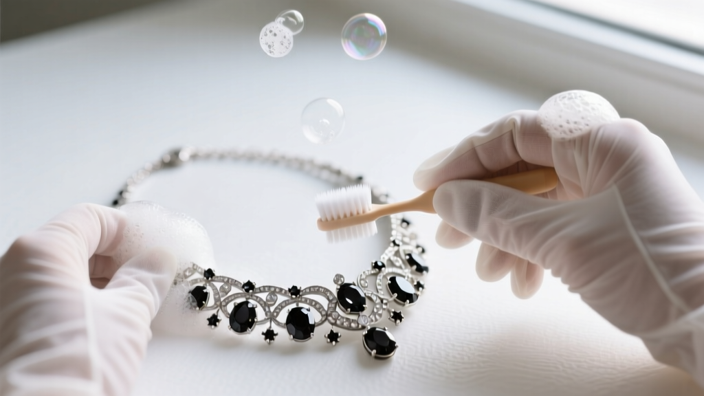 Cotton-gloved hands gently brushing a delicate vintage marcasite necklace with a soft baby toothbrush and mild soapy water.