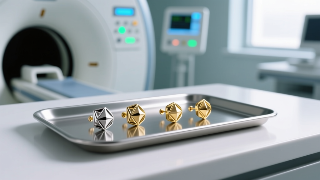 Sterile medical tray holding titanium and gold ear studs next to a blurred MRI machine control panel in a clinic.