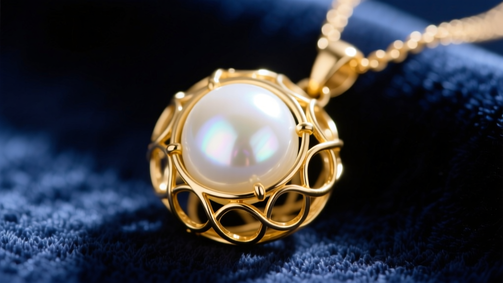 Macro shot of a white Akoya pearl secured inside a delicate 14k yellow gold wire cage pendant resting on dark navy velvet fabric