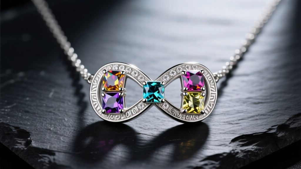 Sterling silver Infinity Gauntlet pendant necklace on dark slate, featuring six vibrant cubic zirconia stones in macro detail.