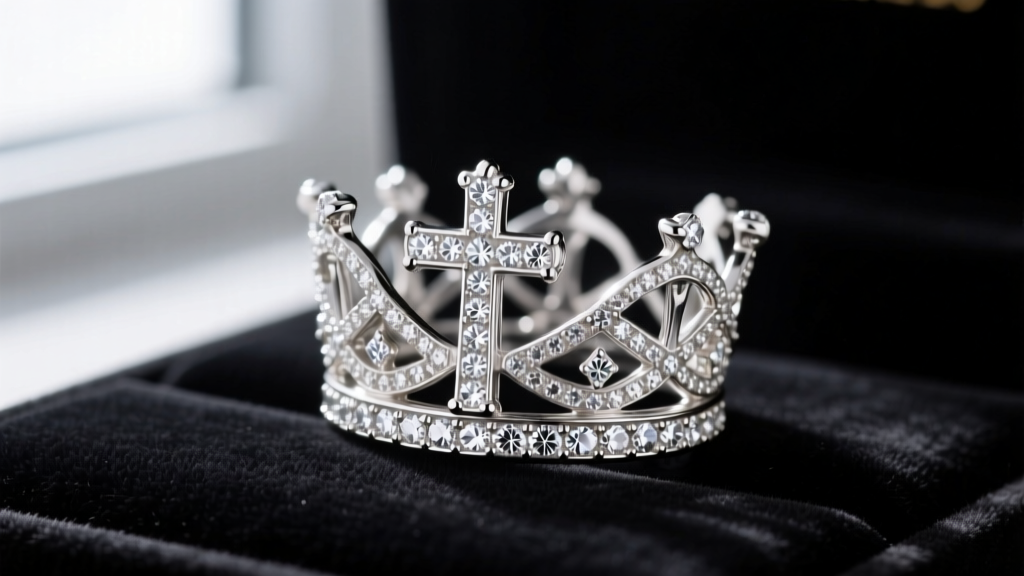 Macro shot of a 925 sterling silver crown and cross pendant with rhodium plating and pavé cubic zirconia details on dark velvet.