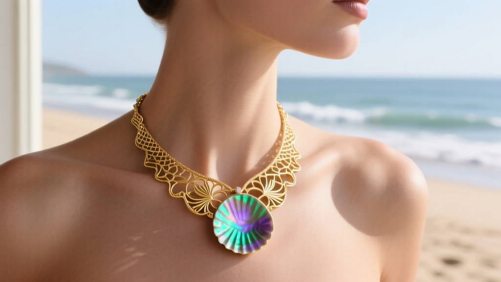 Gold mermaid seashell necklace on collarbones, highlighting an iridescent Paua shell pendant against a blurred beach.