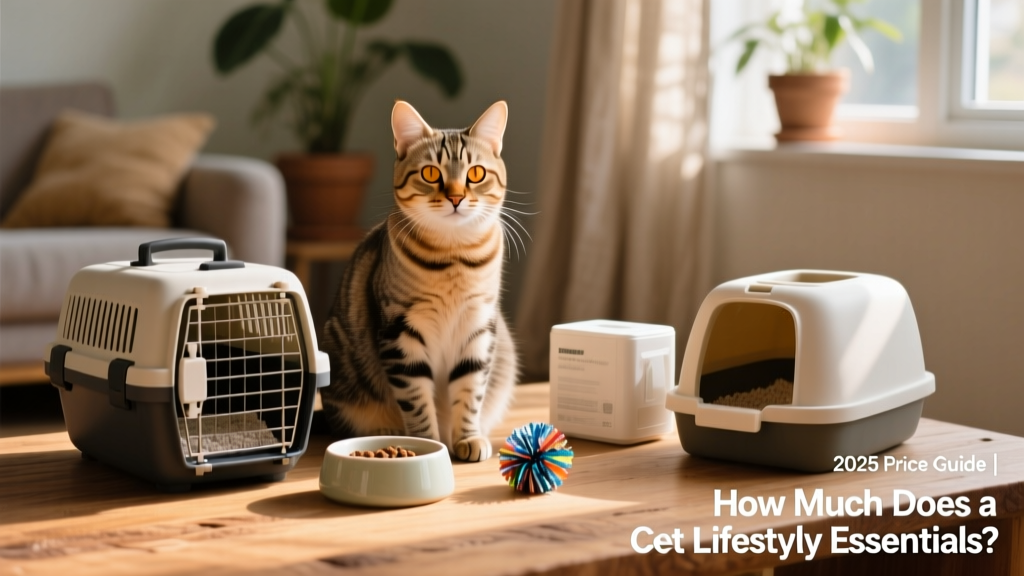 A relaxed tabby cat sitting beside a neatly arranged set of basic cat supplies: carrier, food bowl, litter box, and toy