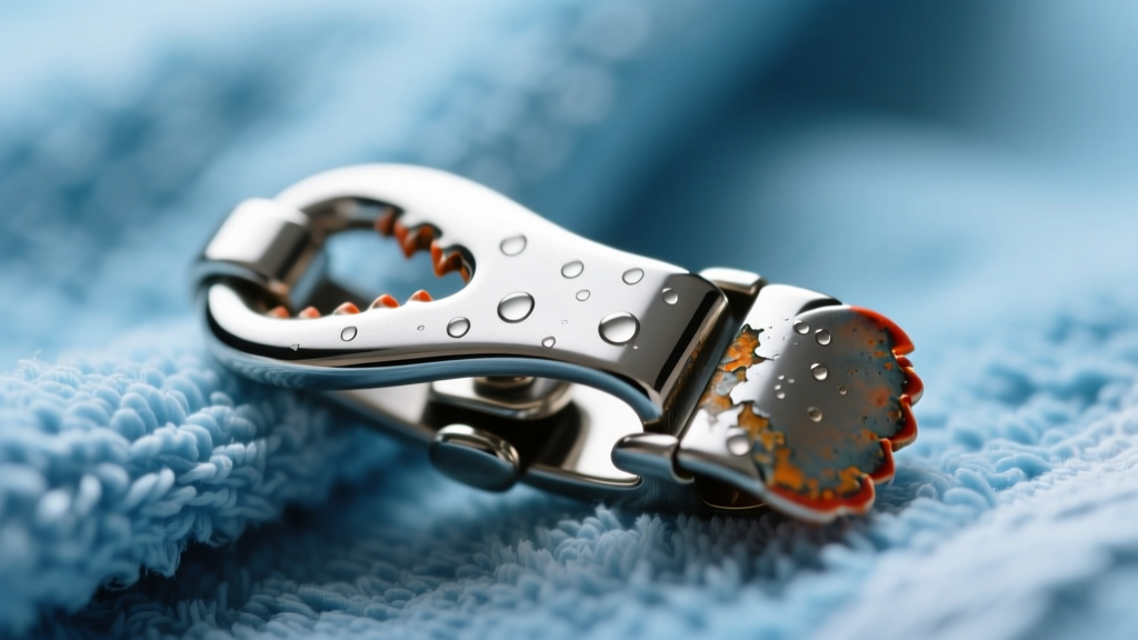 Macro photo of a steel lobster clasp showing minor crevice corrosion and water spots against a blurred blue towel background
