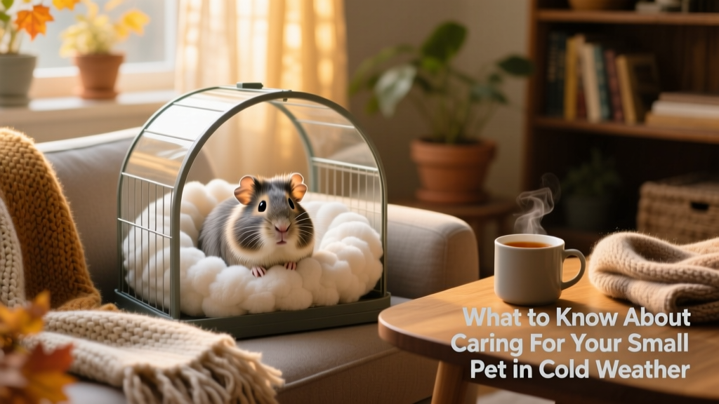 Small pet—such as a hamster or guinea pig—snuggled into soft bedding inside a warm, insulated cage