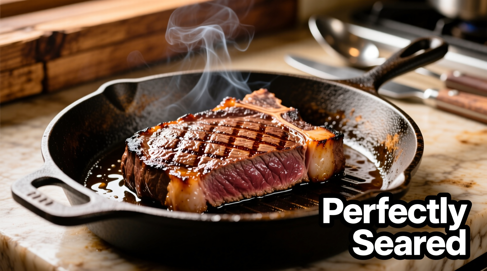 Perfectly seared New York strip steak on cast iron skillet
