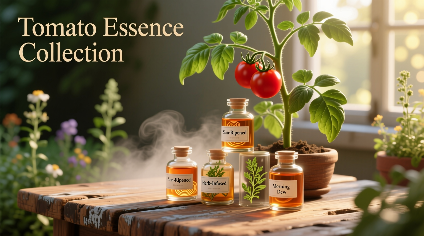 Tomato plant fragrance collection displayed on wooden table