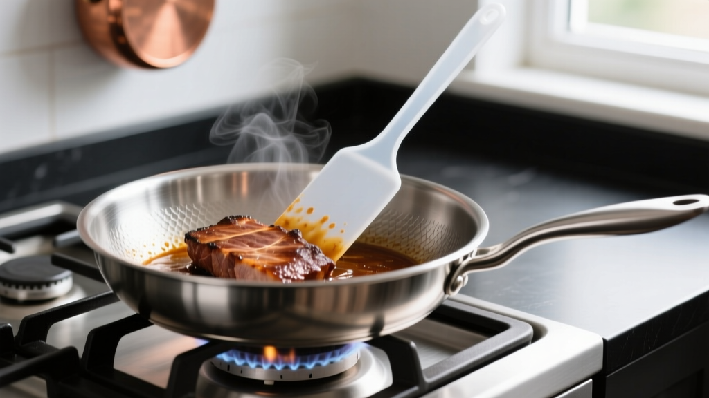 Close up of a polycarbonate fond scraper removing browned meat drippings from a tri-ply stainless steel frying pan on a gas stove