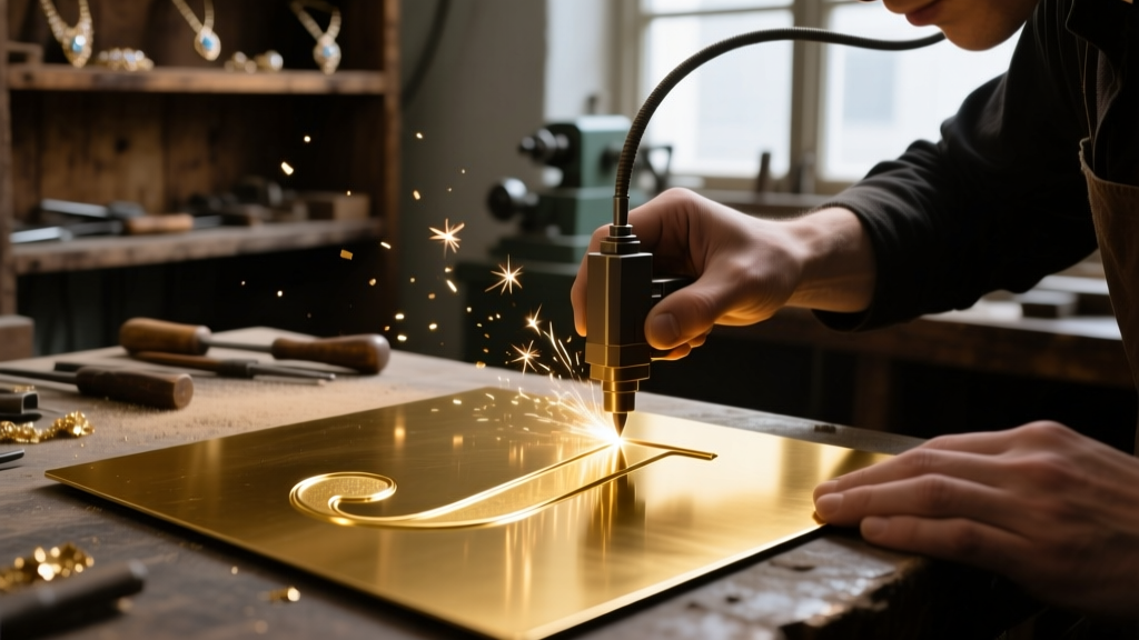Close-up of a jeweler laser-cutting a sans-serif letter J initial pendant from a flat 18k gold sheet in a dim workshop setting.