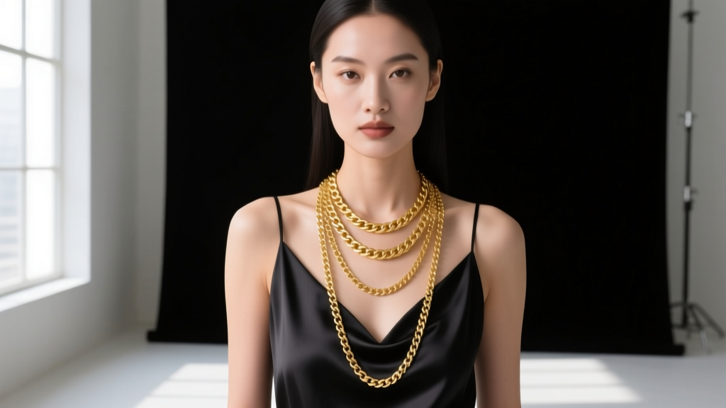 Woman wearing three layered solid gold chains, highlighting 16-inch, 18-inch, and 20-inch lengths against a dark silk top.