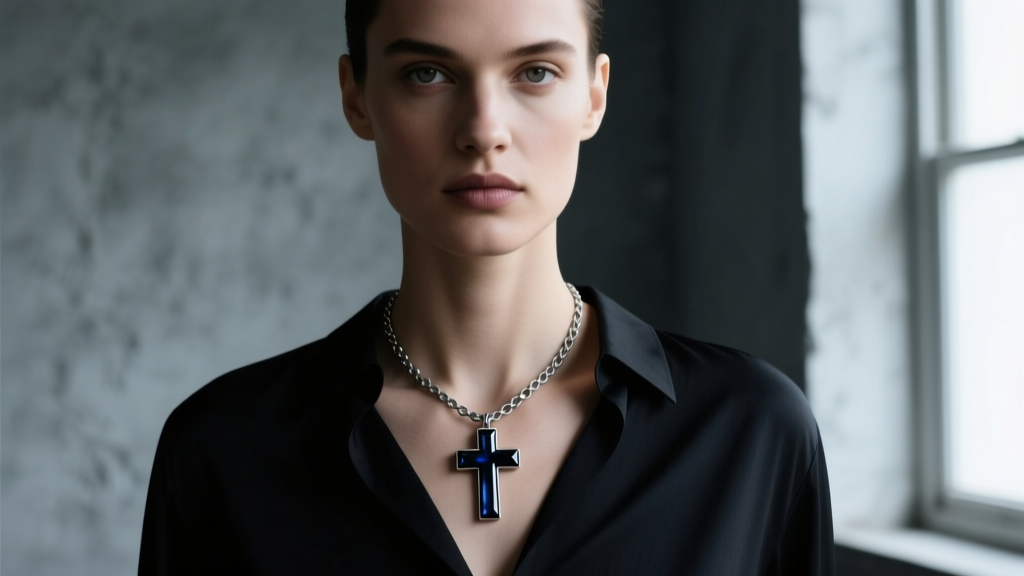 Model wearing a hematite cross necklace over a dark shirt, paired with a short oxidized silver chain in soft moody lighting.