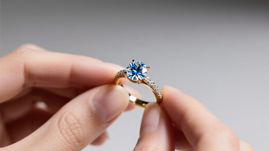 Hand holding a jeweler's loupe to inspect a vintage Park Lane enamel heart necklace for micro-chips and missing rhinestones.