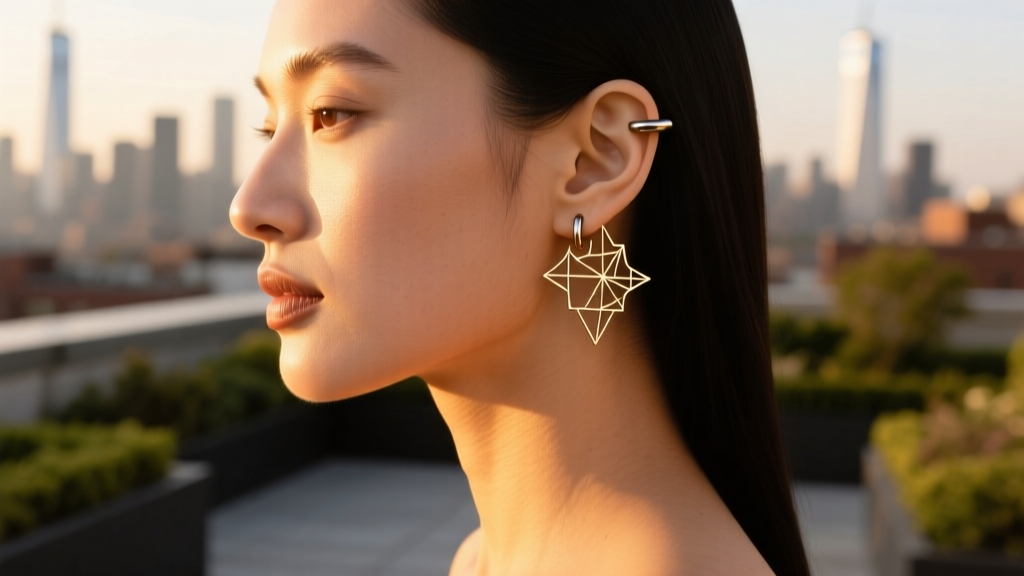 Side profile of woman wearing 16-gauge titanium helix cuff with minimalist coordinate map design in warm golden hour sunlight.