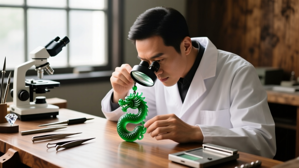 Jeweler inspecting a carved nephrite jade dragon pendant with a loupe, gemological tools visible on a wooden workbench background