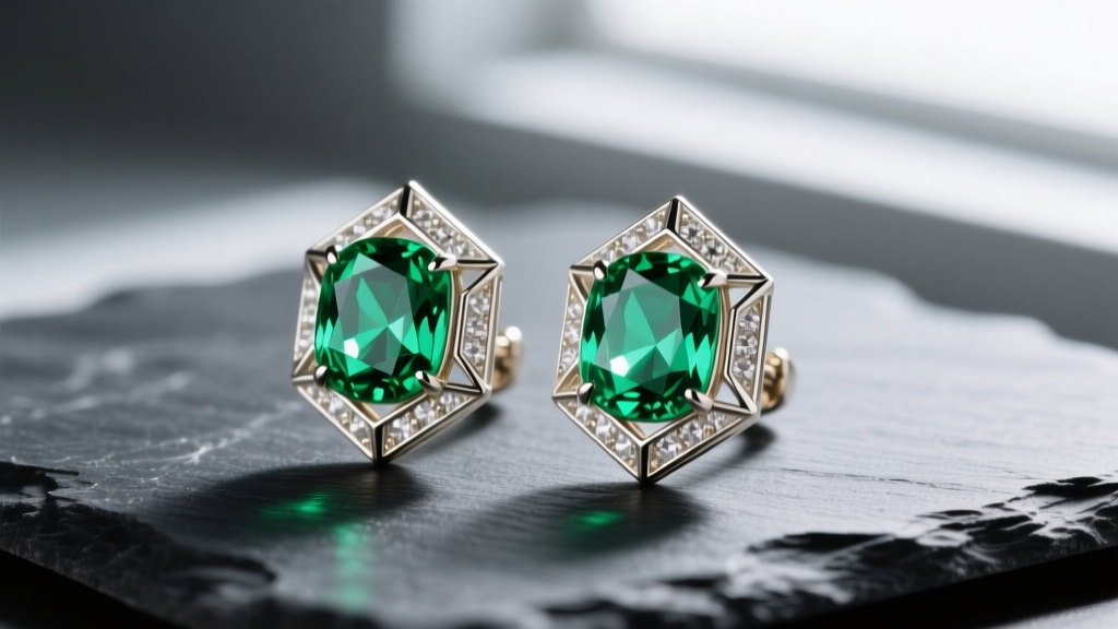 Macro shot of vibrant tsavorite green statement earrings with geometric 14k white gold bezels resting on dark slate for contrast.