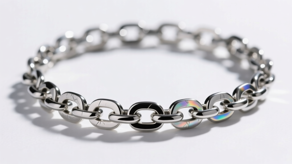 Macro shot of a polished, hypoallergenic grade-23 titanium chain necklace catching soft sunlight, highlighting its smooth links.