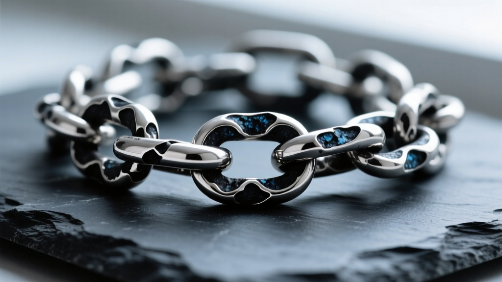 Macro shot of heavily tarnished 925 sterling silver chain links on dark slate, highlighting black silver sulfide buildup on metal