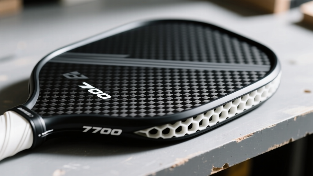 Close-up of a raw T700 carbon fiber pickleball paddle face showing the textured weave and exposed honeycomb core edge on a workbench