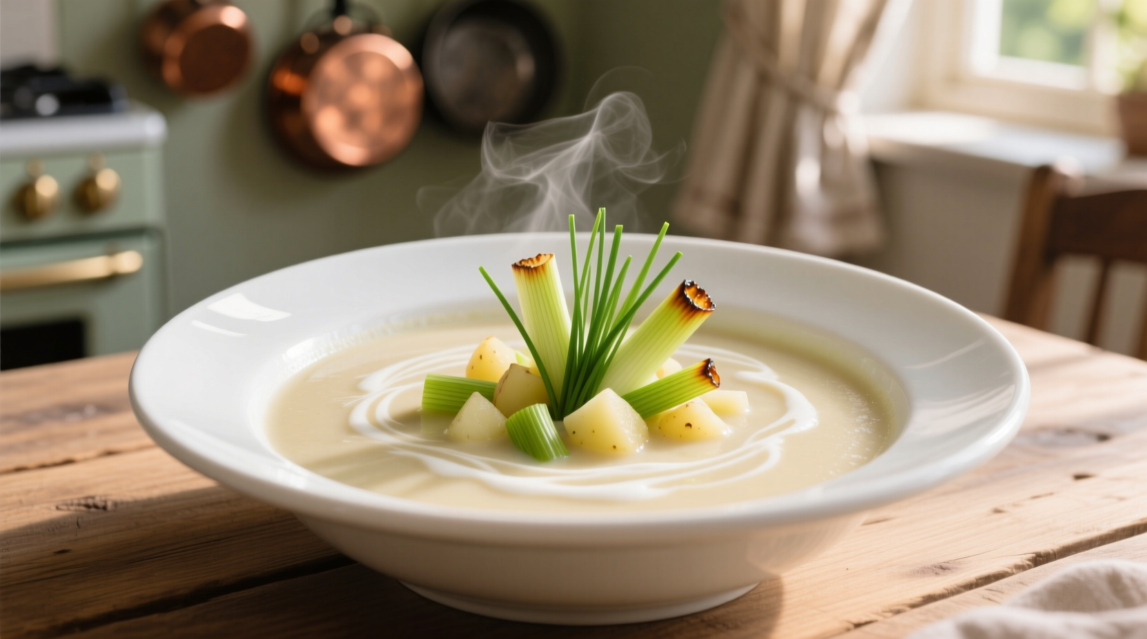 Creamy potato leek soup in white bowl with chive garnish