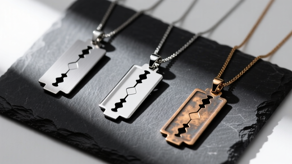 Flat lay of razor blade pendants in matte titanium, polished silver, and oxidized brass arranged neatly on a dark slate surface.