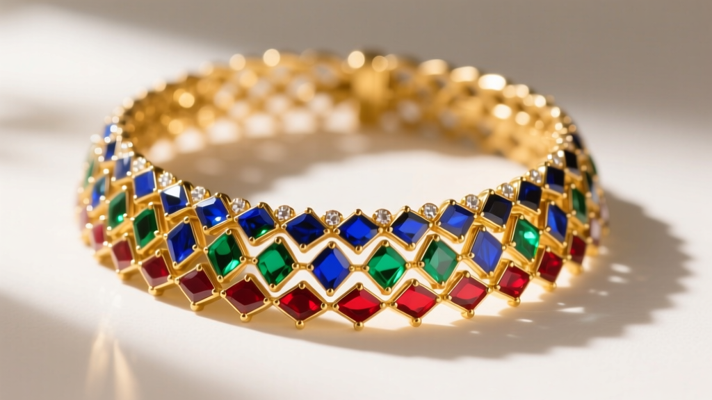 Macro shot of an 18k gold Kundan choker showing intricate glass inlay and vibrant meenakari enamel work on the reverse side.