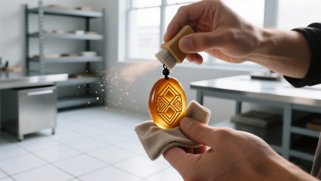 Hands gently buffing a carved butterscotch bakelite pendant with a soft microfiber cloth and plastic polish in a bright workshop.