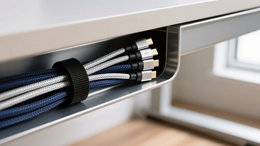 Close-up of under-desk J-channel cable raceway with neatly bundled braided USB-C and power cables secured by velcro straps