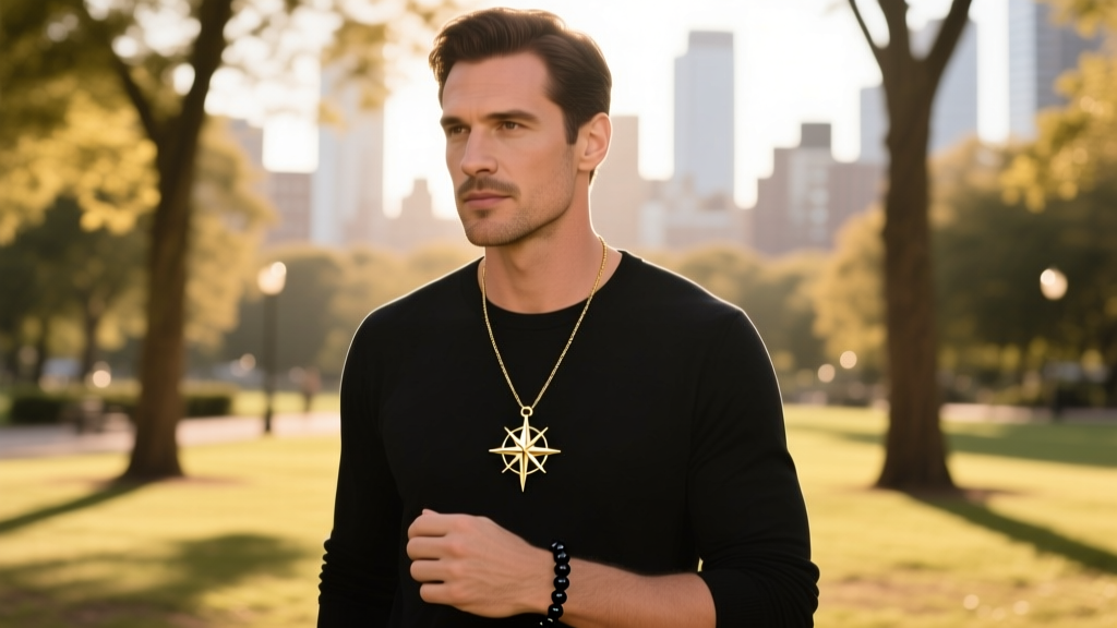 Man wearing a minimalist gold mens compass necklace with a simple bead bracelet, casual outdoor setting with warm afternoon sunlight.