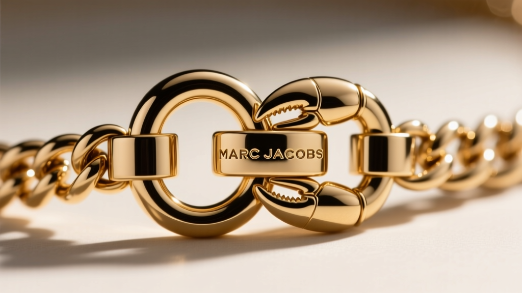 Close-up of a Marc Jacobs necklace lobster clasp showing the engraved brand hallmark and high-quality spring mechanism detail