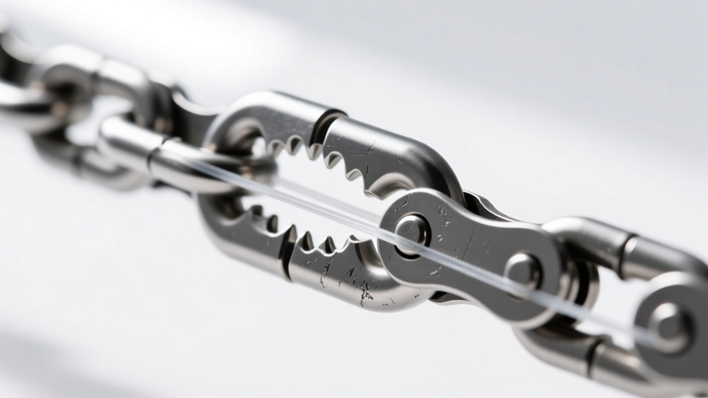Extreme close-up of a 16-inch titanium rolo chain clasp under tension, showing a secure lobster mechanism and thick wire gauge
