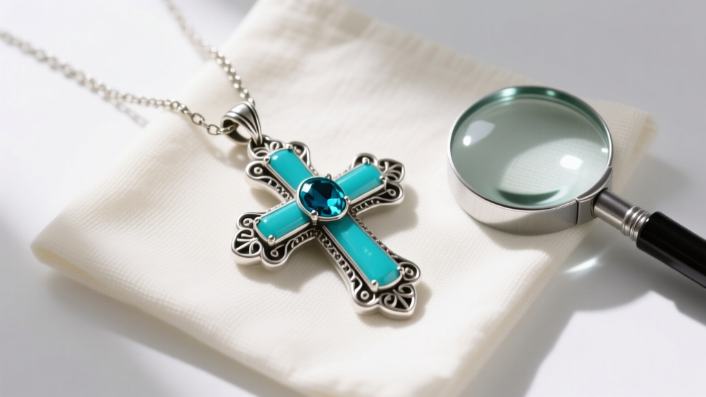 Overhead view of a restored mid-century turquoise cross pendant resting on an anti-tarnish cloth next to a 10x jeweler
