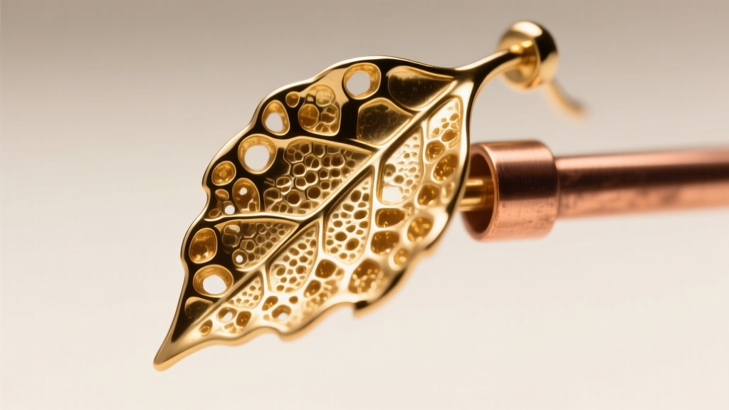 Raw electroformed gold leaf earring on a copper mandrel, showing organic cellular surface structure under bright macro lighting.