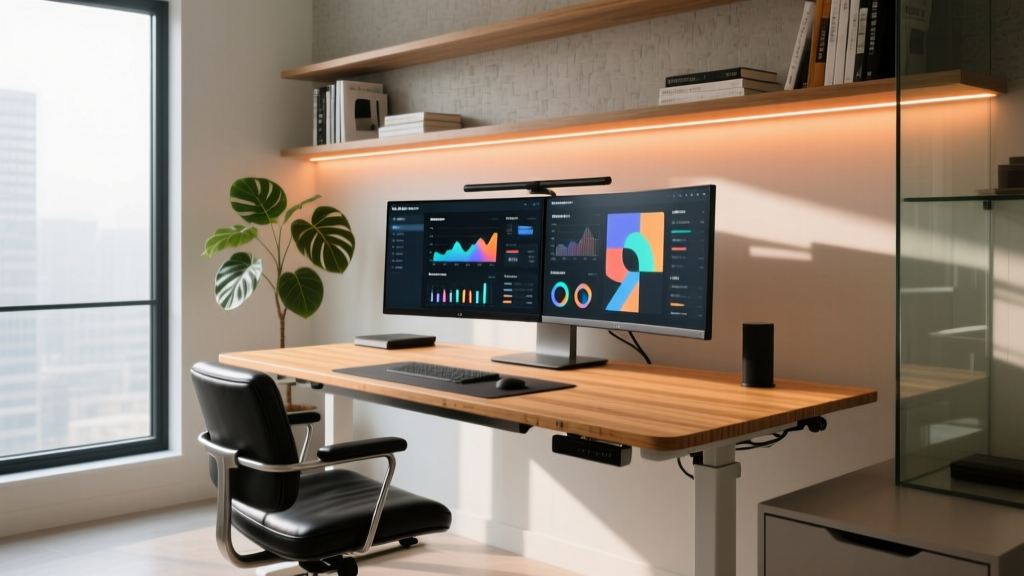 A pristine 2026 home office setup featuring a dual-monitor ultrawide display, smart LED bias lighting, and an organized standing desk.