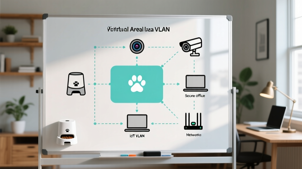 Whiteboard network topology diagram showing a dedicated IoT VLAN separating smart pet feeders and cameras from the main home office network