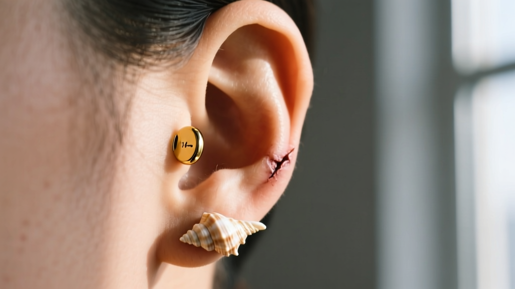 Healed conch piercing wearing a 14-gauge gold bullet earring, showing the flat disc backing resting flush against ear cartilage.