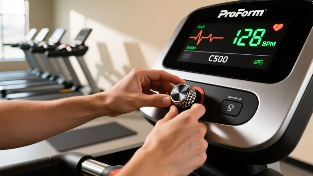 Close-up of a user adjusting the magnetic resistance tension knob on the ProForm C500 console while tracking heart rate metrics