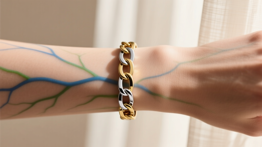 Macro close-up of a wrist showing blue and green veins alongside a two-tone 18k gold and rhodium-plated silver tennis bracelet