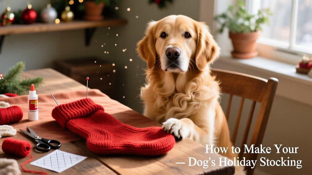 A cheerful dog sitting beside a blank red stocking laid flat on a covered table with craft supplies nearby