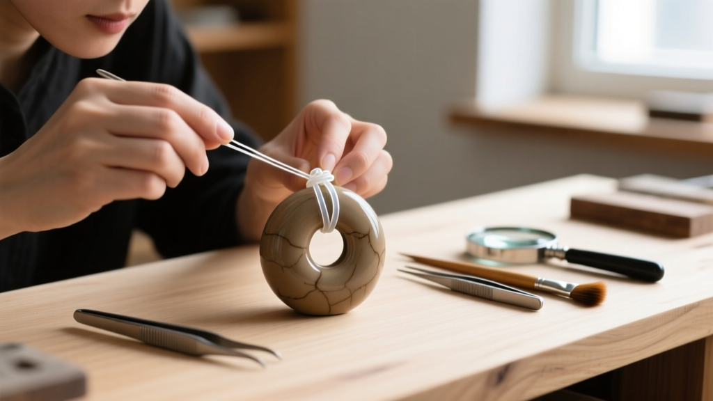 Jeweler hands applying adhesive to secure a hidden surgeon knot inside a large-hole ceramic bead on a wooden workbench surface.
