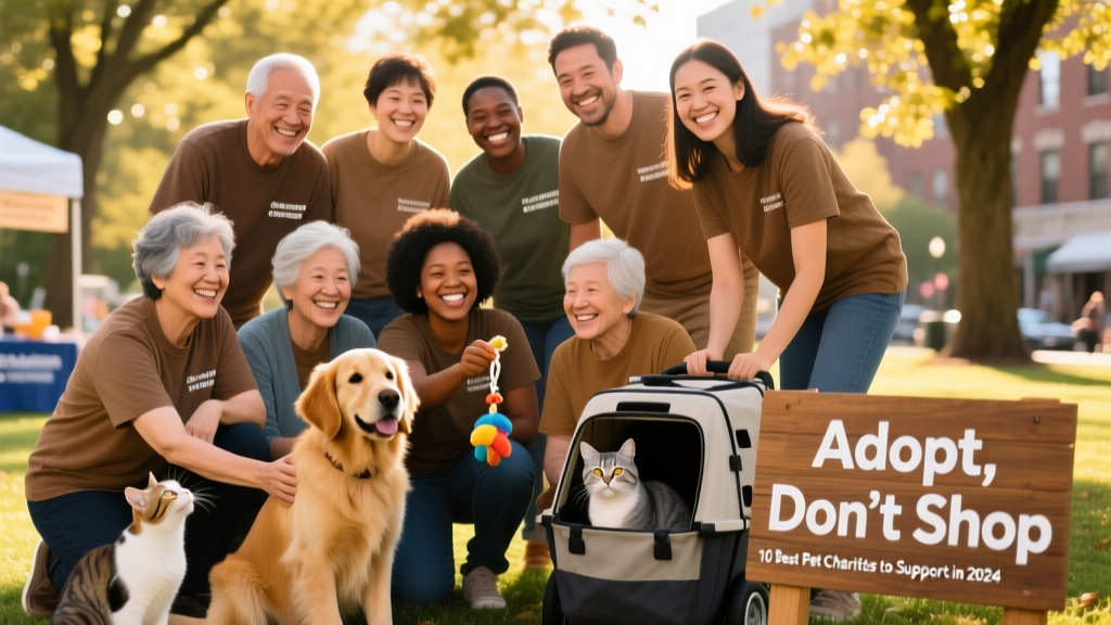 A diverse group of volunteers smiling beside adoptable dogs and cats at a community adoption event