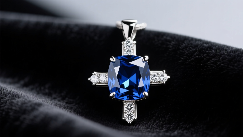 Macro shot of a platinum blue sapphire cross necklace pendant featuring a cushion-cut Ceylon gem and diamond halo on dark velvet.