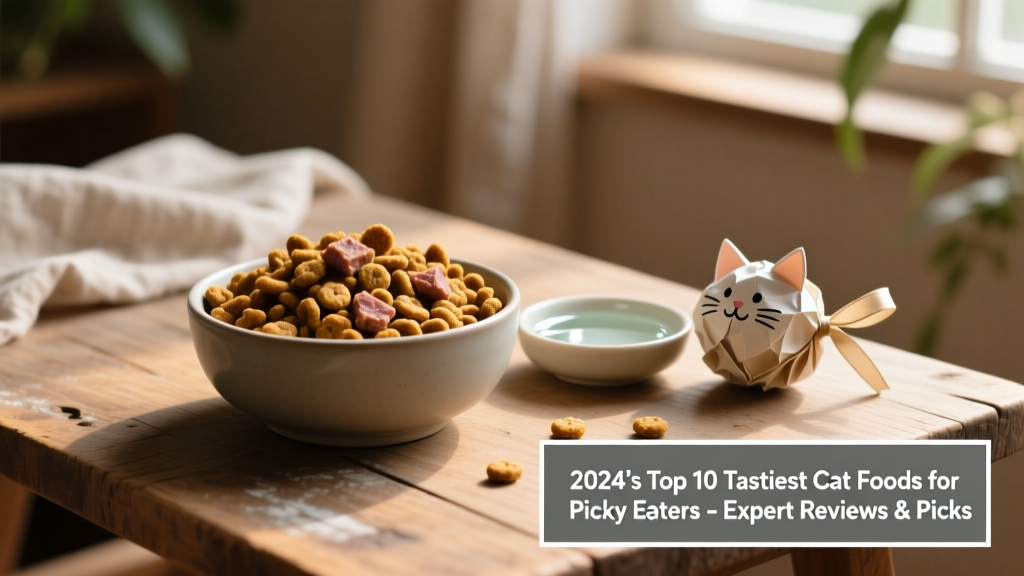 A ceramic bowl filled with crunchy, meaty kibble beside a small dish of fresh water and a cat toy