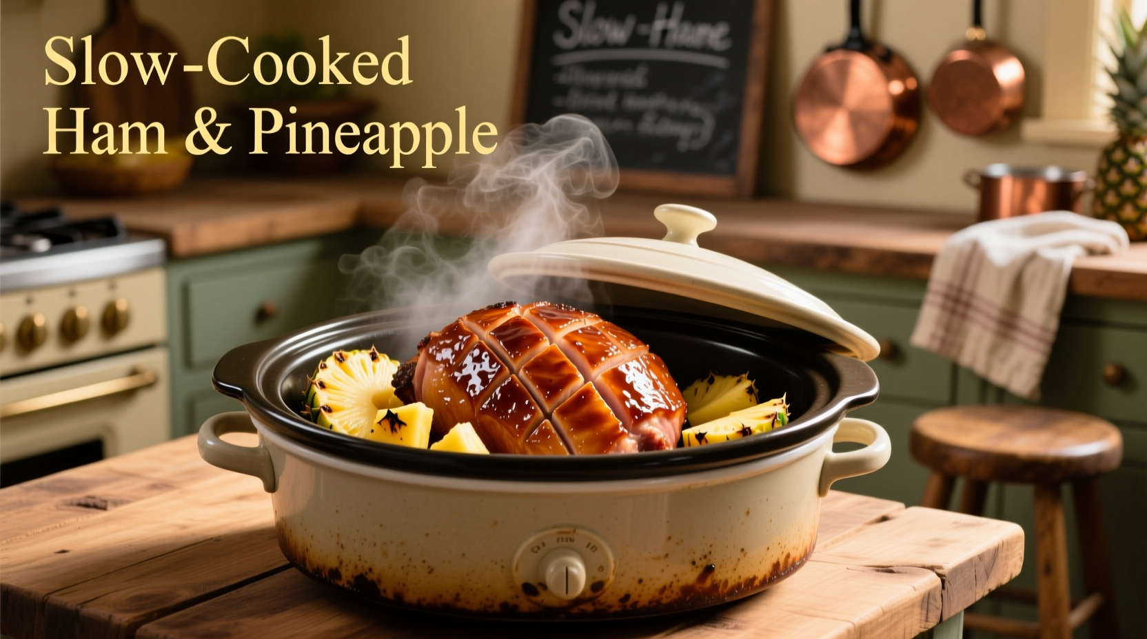 Slow cooker with glazed ham and pineapple