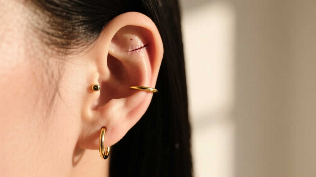 Side profile of an ear showing a healed helix piercing with a delicate 14k gold clicker hoop, captured in warm natural sunlight