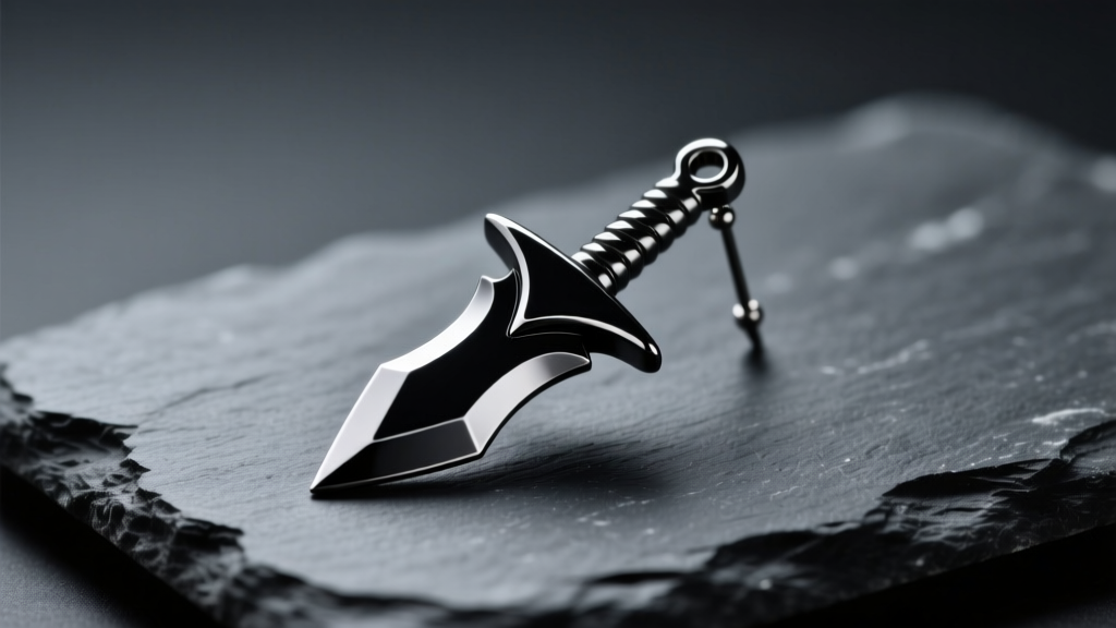 Matte black PVD stainless steel shinobi kunai dangle earring resting on dark slate, illuminated by moody streetwear studio lighting